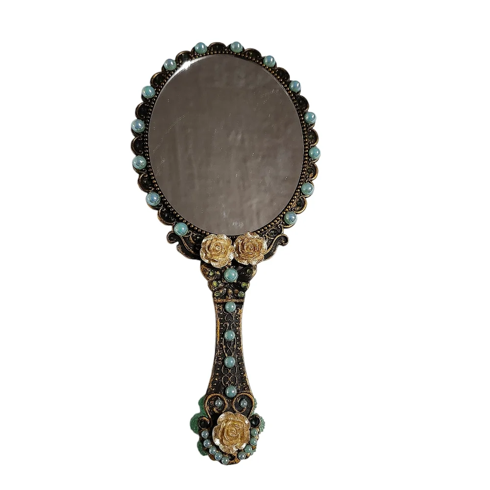 Handheld Beauty Makeup Mirror Clay Doll Bling Embellished Fashion Teal Brown